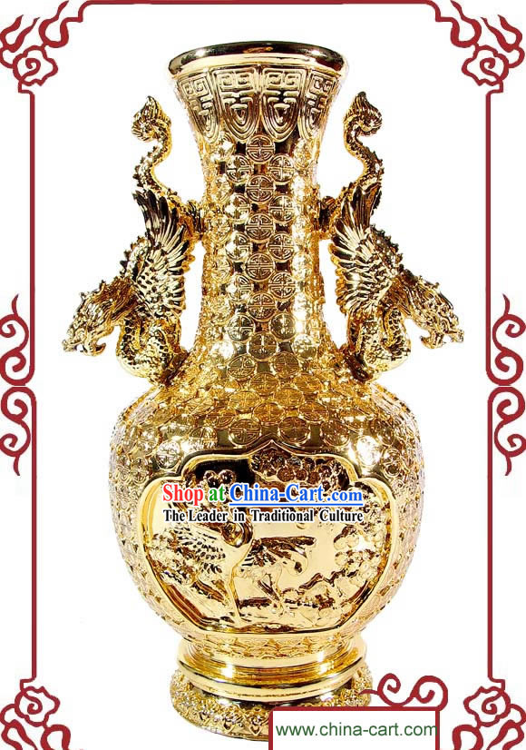 Kai Guang Feng Shui Chinese Golding Dragon and Phoenix Vase _keeping love couple_