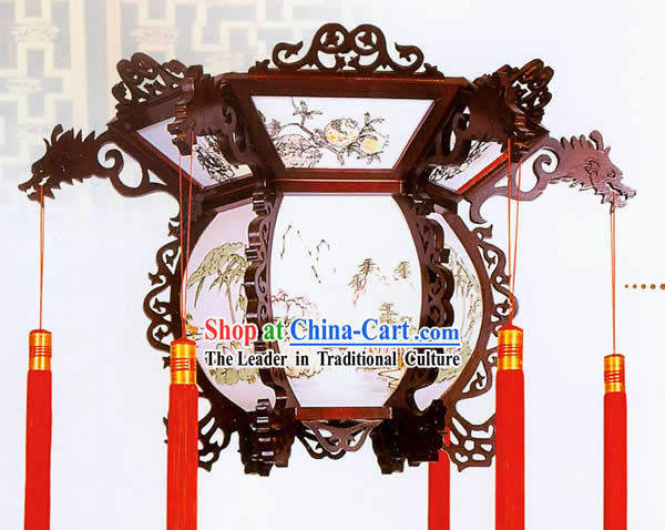Chinese Hand Made and Carved Wooden Dragon Ceiling Lantern - Landscape Painting