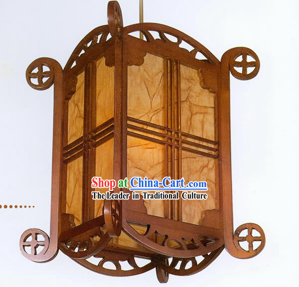21 Inches Chinese Hand Made Carved Carriage Shape Wooden Ceiling Lantern