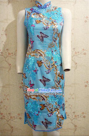 Chinese Stunning Blue Butterfuly Silk Cheongsam _Qipao_