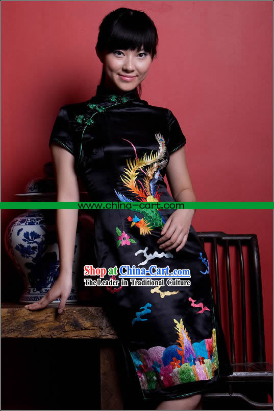 Stunning All Hand Embroidery Phoenix Black Silk Cheongsam _Qipao_