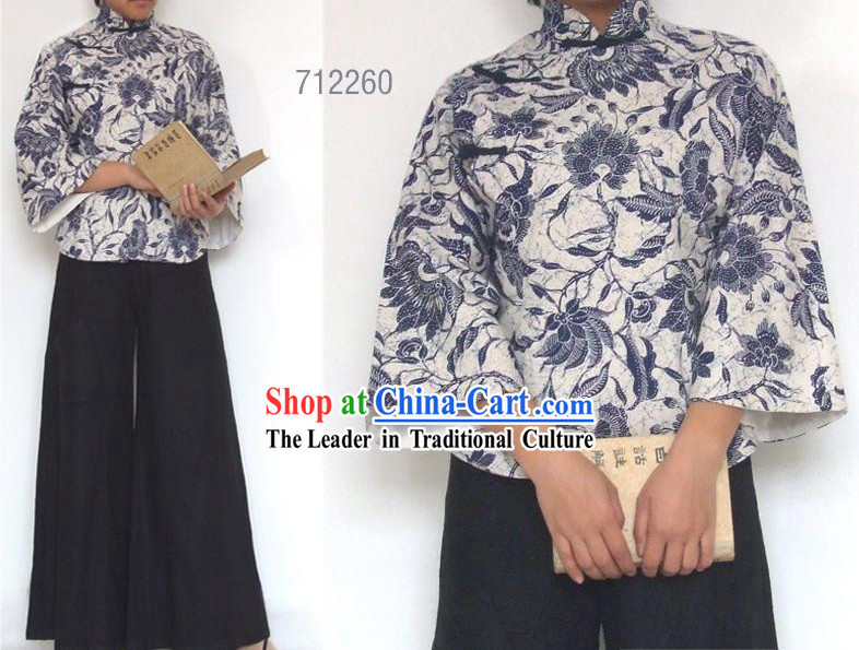 Chinese Traditional Mandarin Cotton Blouse - Blue and White Porcelain