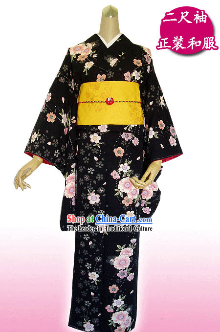 Traditional Japanese Black Flowery Kimono Handbag and Geta Full Set