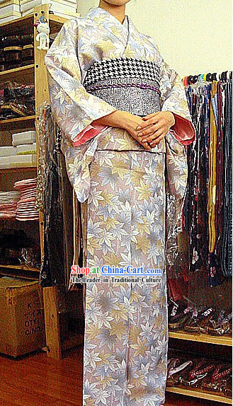 Traditional Japanese Leaf Kimono and Belt Full Set