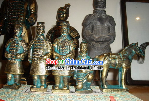 4 Inches Chinese Terra Cotta Warriors 5 Pieces Brass Statues Set