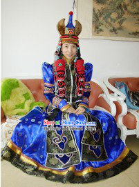 Traditional Mongolian Long Robe and Fur Hat Complete Set