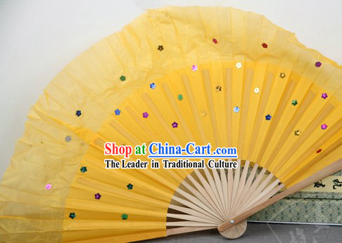 Chinese Bamboo Handle Pure Silk Yellow Dance Fans with Sequins