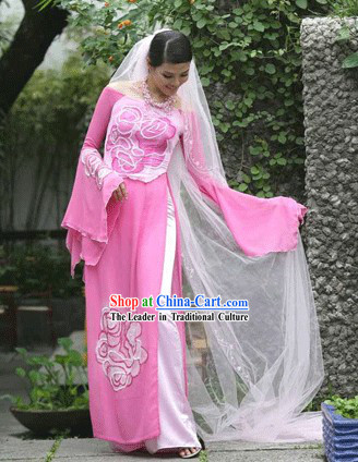 Vietnamese National Pink Flower Long Cheongsam Costume