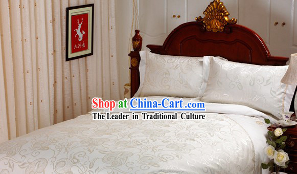 Traditional Wedding Chinese Cotton White Bedspreads Set