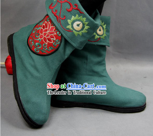 Chinese Green Embroidered Flower Cloth Boots