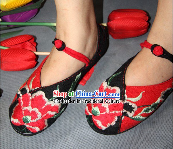 Chinese Classic Black Embroidered Peony Dance Shoes