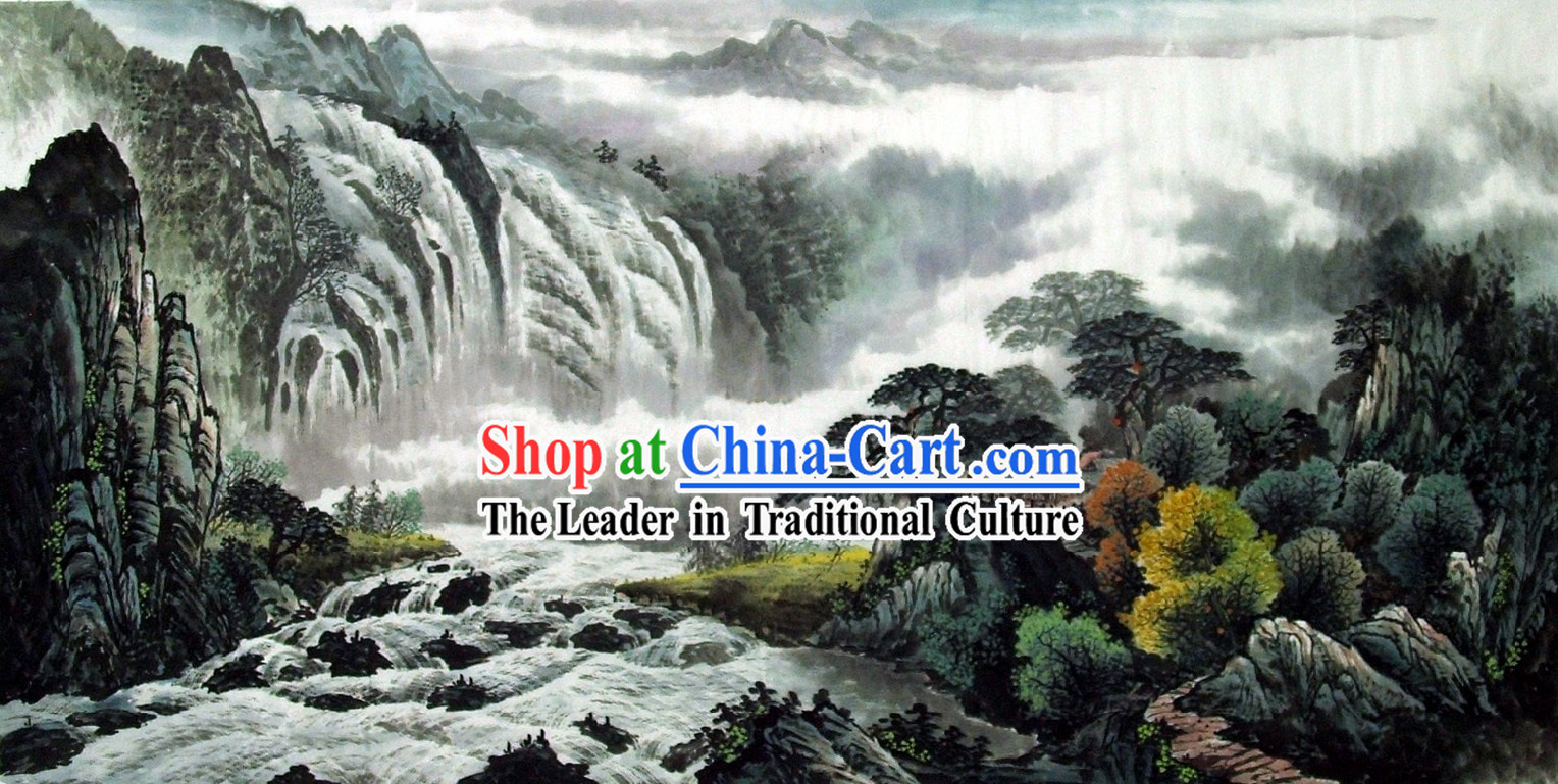 Traditional Chinese Painting - China Waterfall Scene by Wu Pingsong