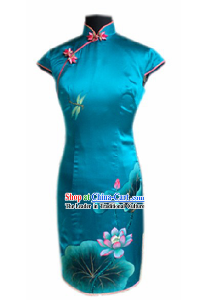 Traditional Handmade and Painted Dragonfly and Lotus Blue Silk Cheongsam