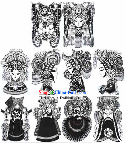 Large Chinese Traditional Handmade Opera Mask Papercut _10 pieces black and white set_