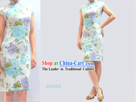 Chinese Classical White Floral Cotton Cheongsam _Qipao_