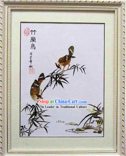 Handmade Real Butterfly Wing Painting - Bamboo and Birds