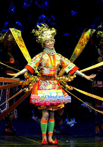 Chinese Traditional Minority Dance Costumes and Silver Crown Complete Set