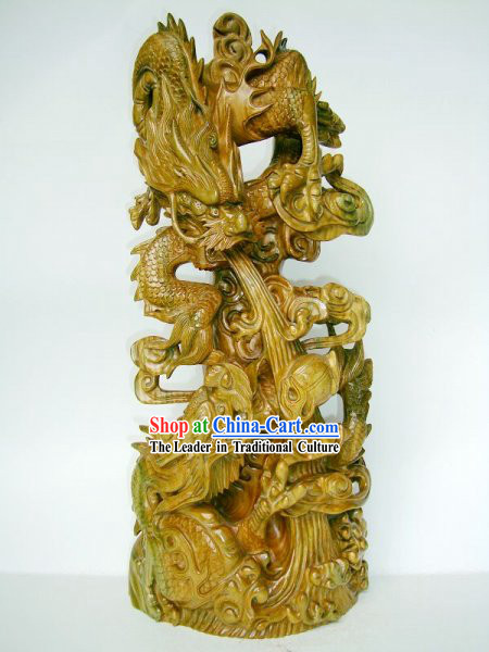 Chinese Handmade Wood Sculpture Collectible - Double Dragons Playing Ball