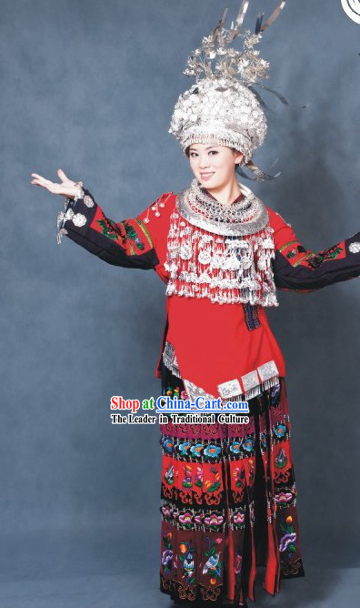 Chinese Miao Clothes and Silver Hat Set for Women