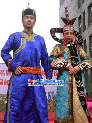 Mongolian Traditional Clothes Two Sets for Men and Women