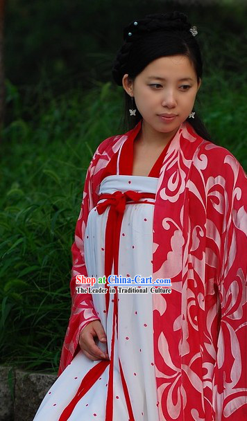 Traditional Chinese Red and White Tang Dynasty Dress for Women