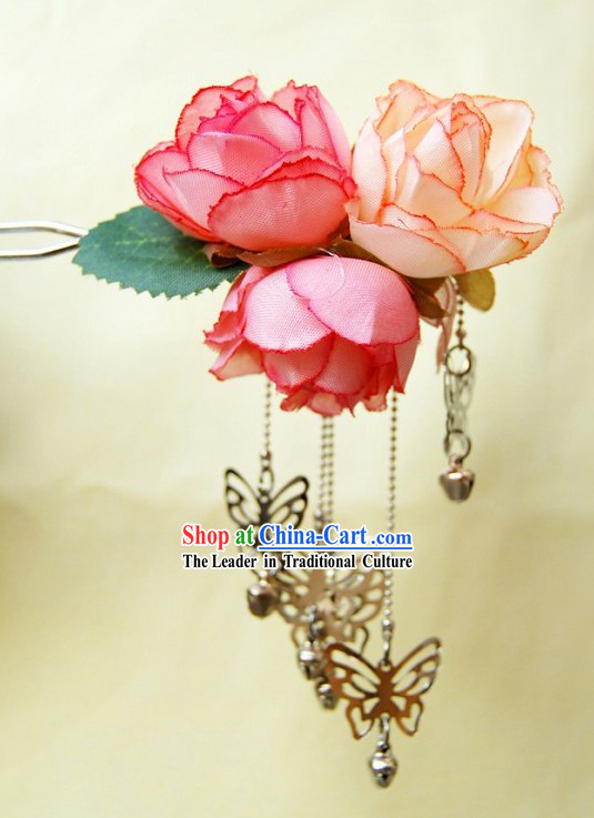 Ancient Chinese Silk Flower and Butterfly Hairpin