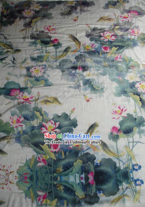 Traditional Chinese Lotus and Fish Silk Fabric