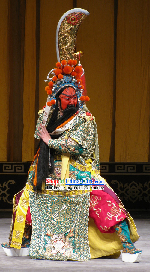 Chinese Guan Gong Beijing Opera Costumes and Hat Complete Set
