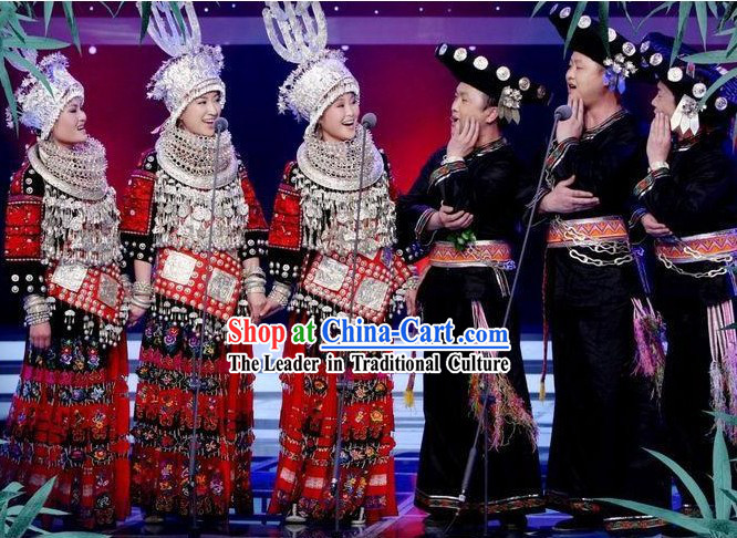 Chinese Miao Male and Female Clothing and Hats 2 Sets