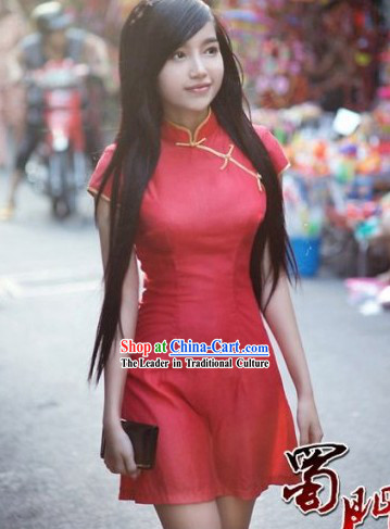 Chinese Silk Modern Red Short Qipao