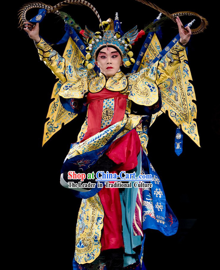 Beijing Opera Wu Sheng Fighting or Military Character Costumes and Hat with Long Feather