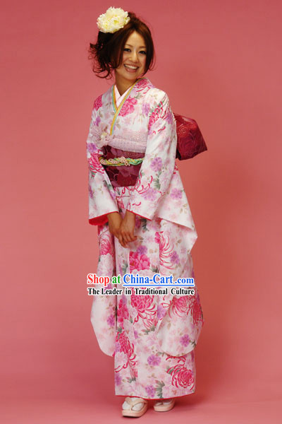 Japanese Classic Pink Furisode Kimono Dress Obi and Geta Sandal Complete Set for Women