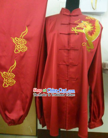 Traditional Chinese Red Dragon Silk Wushu Clothing for Men