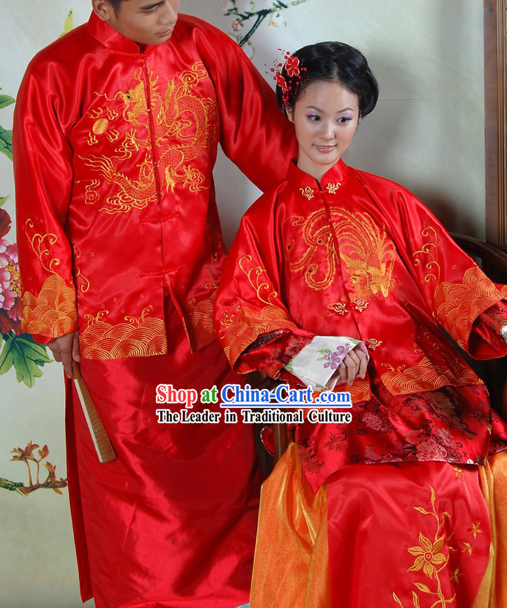 Traditional Chinese Red Dragon and Phoenix Wedding Dresses 2 Sets for Brides and Bridegrooms