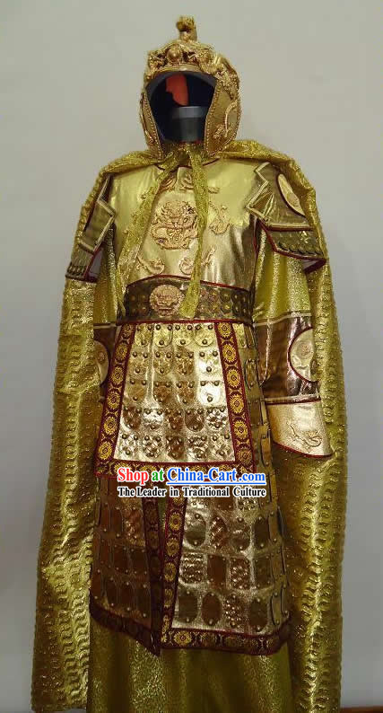 Ancient Chinese Golden General Armor Costume and Helmet for Men