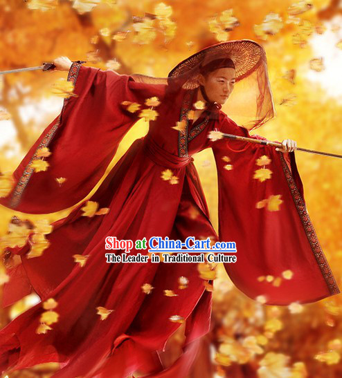 Ancient Chinese Swordsman Film Costumes and Bamboo Hat Complete Set
