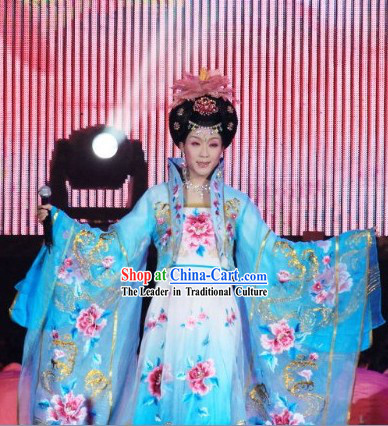 Embroidered Flowers Blue Empress Costumes and Wig for Women