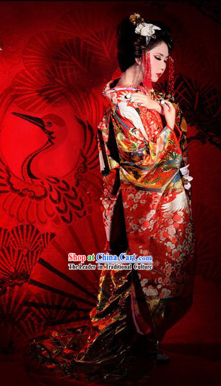 Traditional Embroidered Cranes Japanese Wedding Kimono and Headpiece for Brides