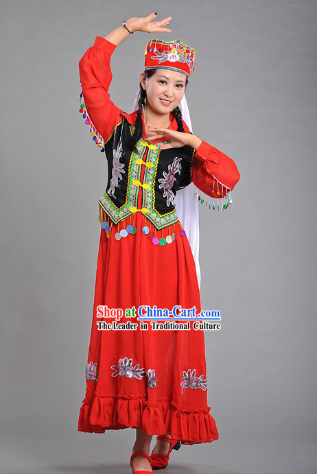 Chinese Xinjiang Red Dance Costume and Hat for Girls