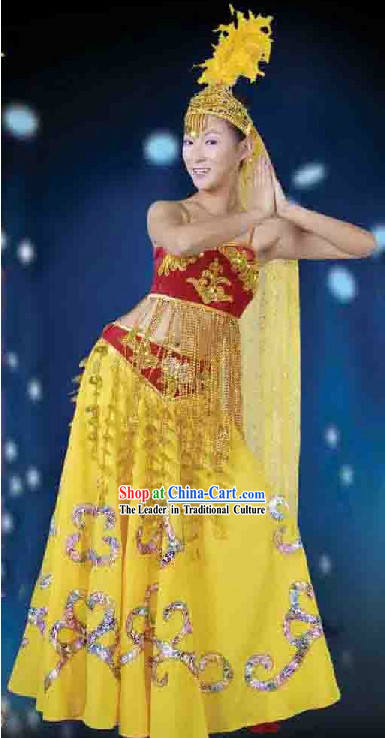 Chinese Xinjiang Uyghur Minority Yellow Dance Costume and Hat for Women