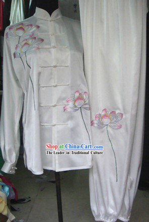 White Silk Lotus Embroidery Kung Fu Dress for Women