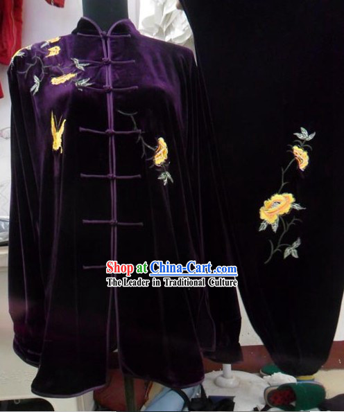 Purple Velvet Butterfly and Flower Embroidery Kung Fu Costumes Complete Set