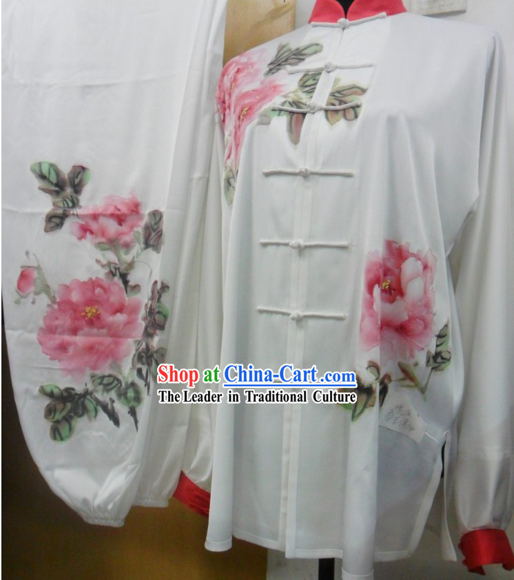 Chinese Classic Silk Hand Painted Peony Tai Chi Competition Uniforms for Women