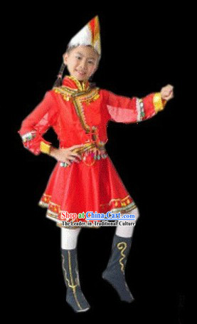 Chinese Ethnic Mongolian Dance Costumes and Hat for Kids