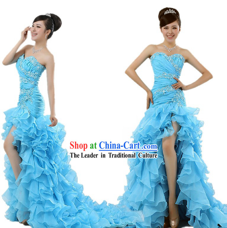 Chinese Romantic Blue Evening Dress for Women