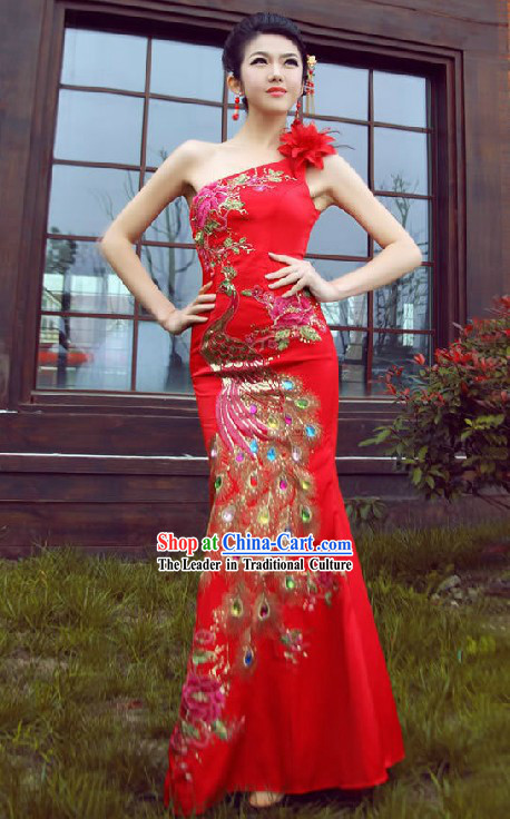 Lucky Red One Shoulder Long Wedding Phoenix Cheongsam