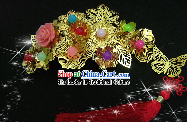 Traditional Chinese Xiu He Mandarin Wedding Golden Flower Hair Accessories with Red Tassels