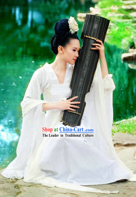 Ancient Chinese White Wise Lady Costumes with Long Scarf