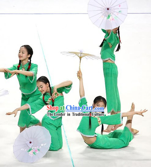 Chinese Classical Green Umbrella Dance Costumes for Children