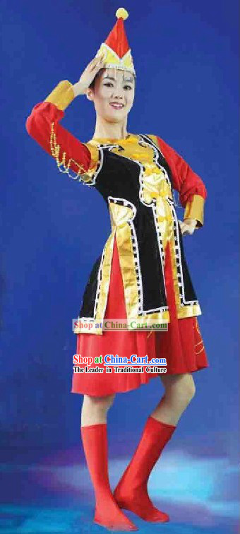 Traditional Chinese Mongolian Dancing Costumes and Hat for Women
